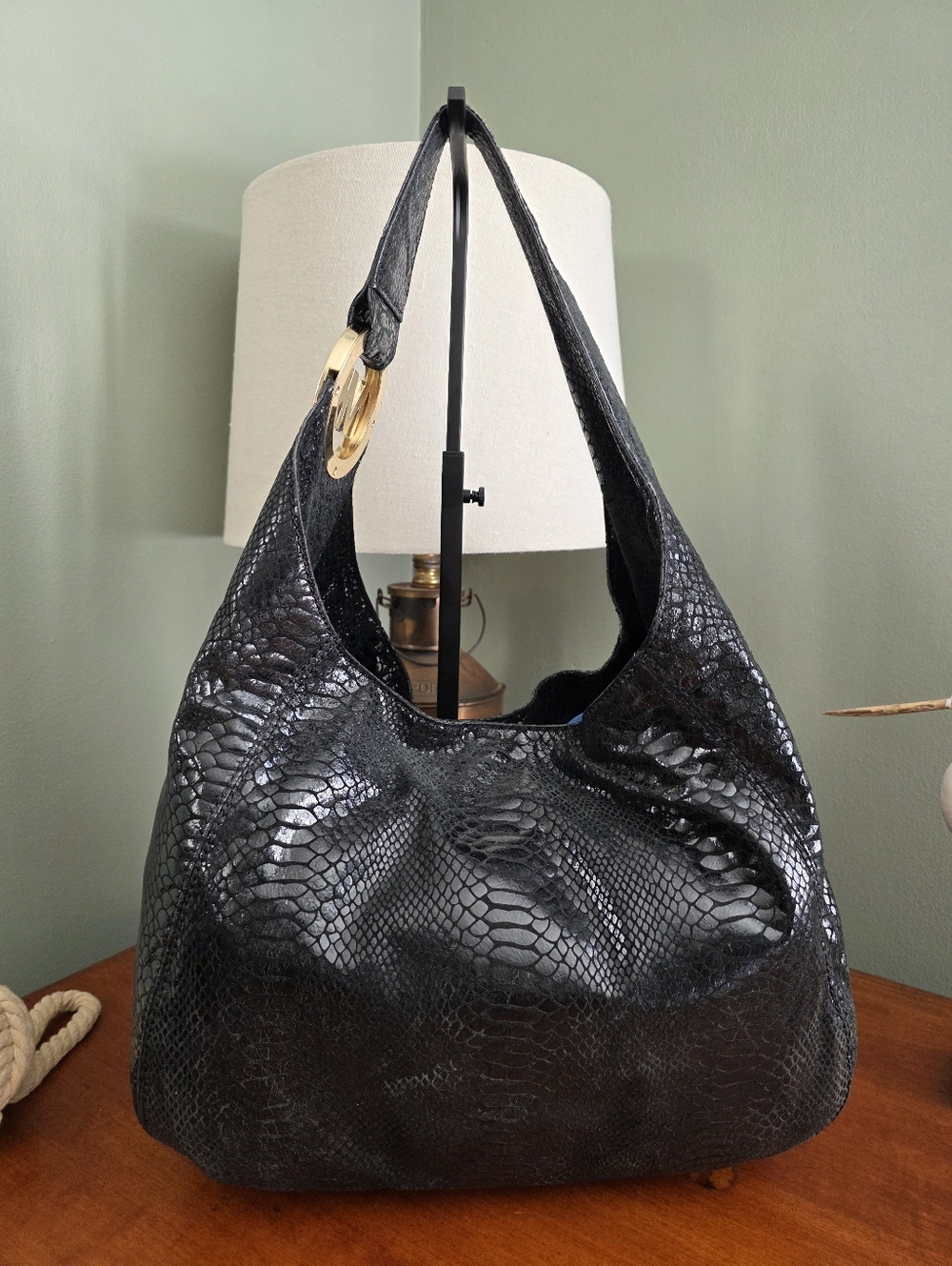 Michael Kors Snake Embossed Suede Leather Hobo Black Shoulder Bag